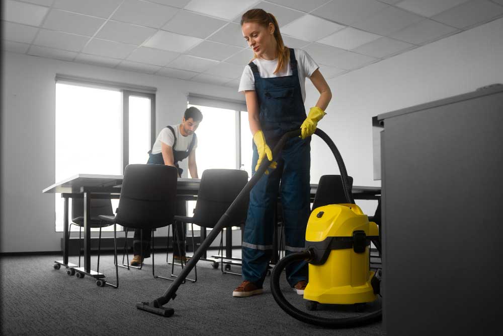 Office cleaning team vacuuming floor