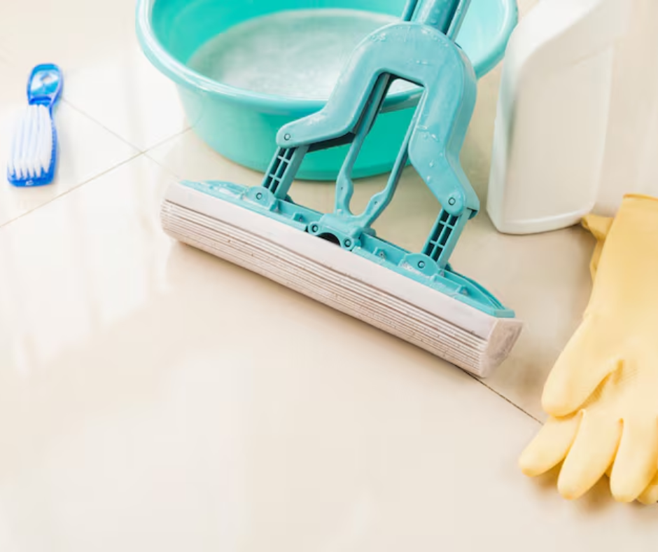 Floor Tile Cleaning with Mop and Cleaning Supplies
