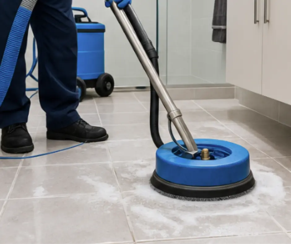 Professional cleaner using a rotary tile and grout cleaning machine in a Melbourne bathroom