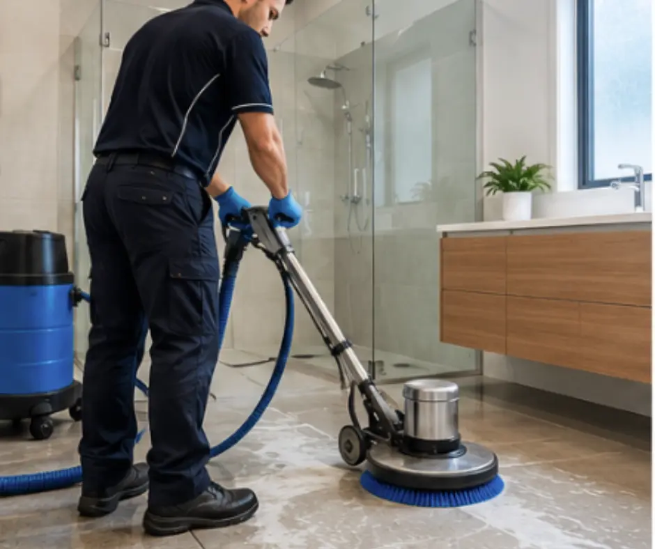Professional cleaner using a tile and grout cleaning machine in Melbourne home.